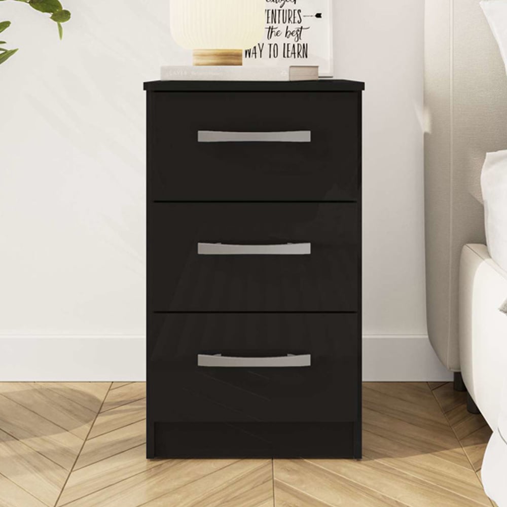 Lynn High Gloss Bedside Cabinet With 3 Drawers In Black