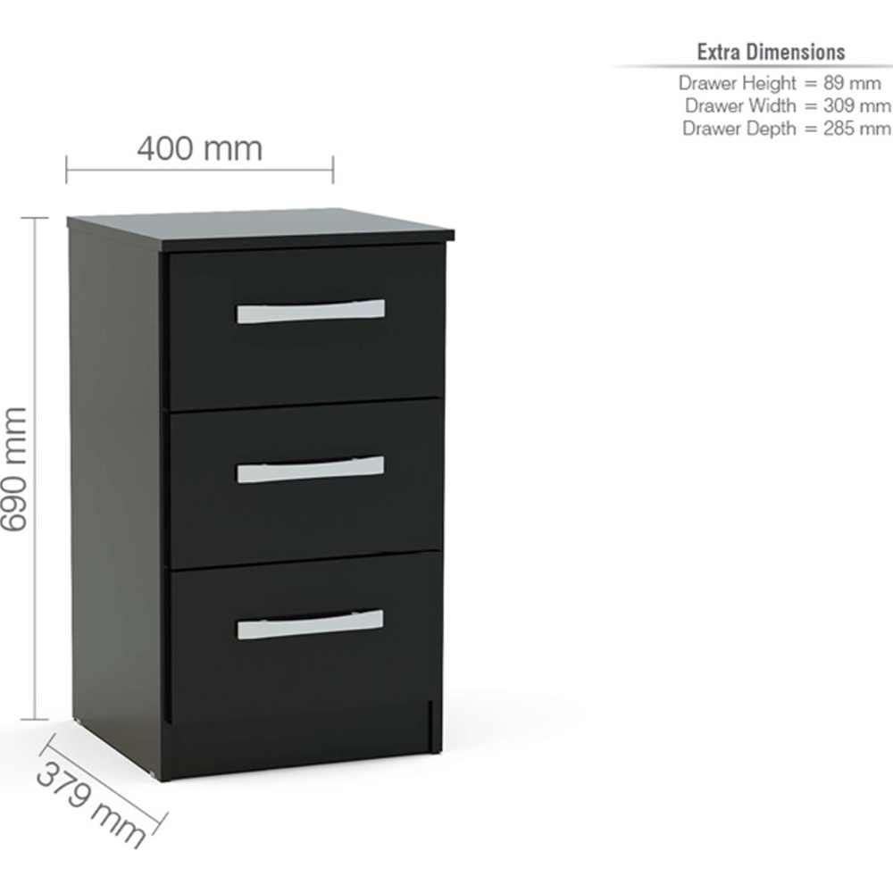 Lynn High Gloss Bedside Cabinet With 3 Drawers In Black