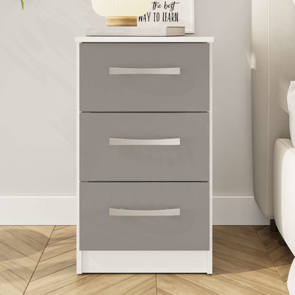 Lynn High Gloss Bedside Cabinet With 3 Drawers In Grey And White