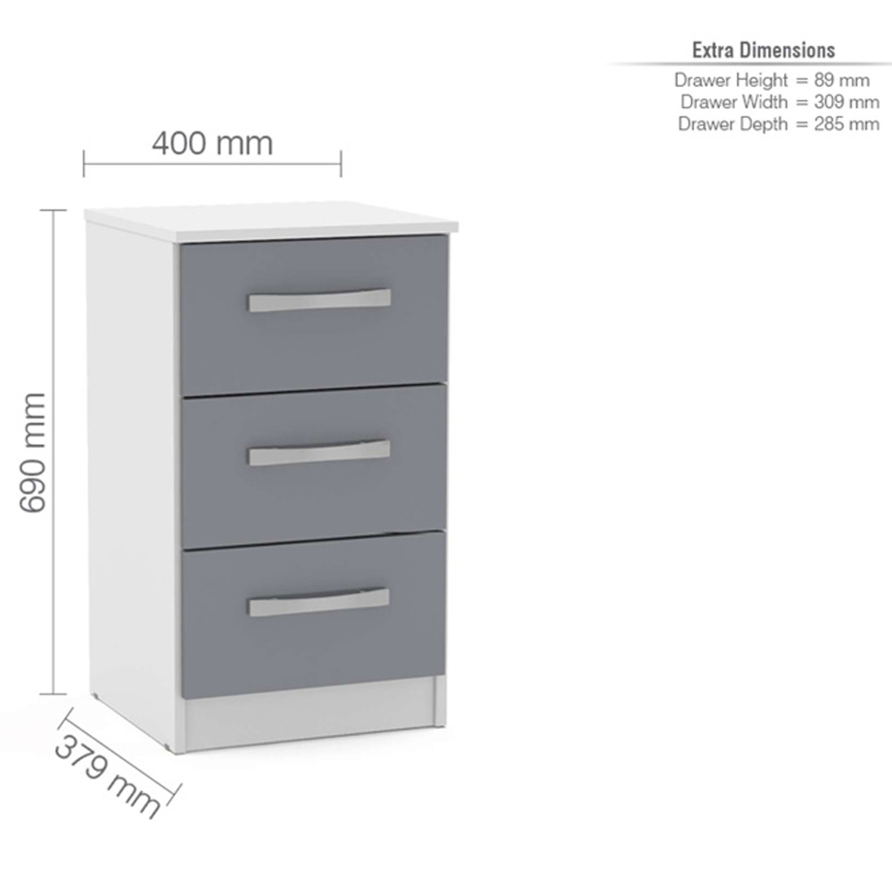 Lynn High Gloss Bedside Cabinet With 3 Drawers In Grey And White