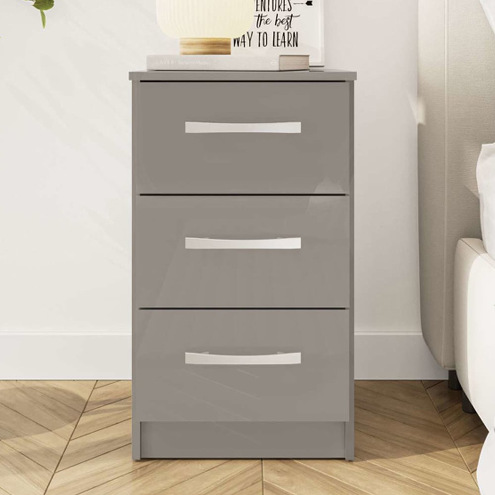 Lynn High Gloss Bedside Cabinet With 3 Drawers In Grey