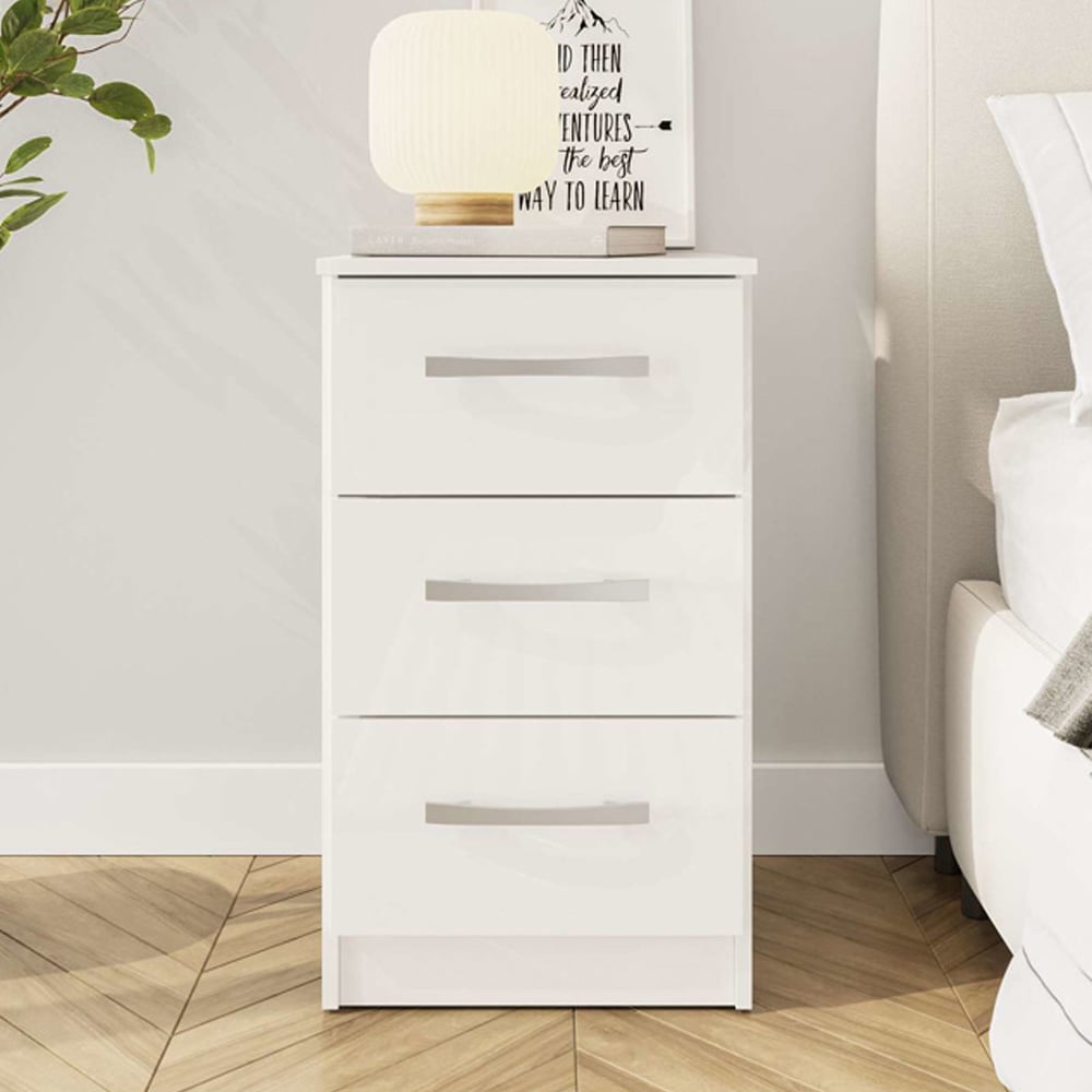 Lynn High Gloss Bedside Cabinet With 3 Drawers In White