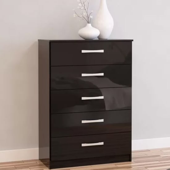 Product photograph of Lynn High Gloss Chest Of 5 Drawers In Black from Furniture in Fashion
