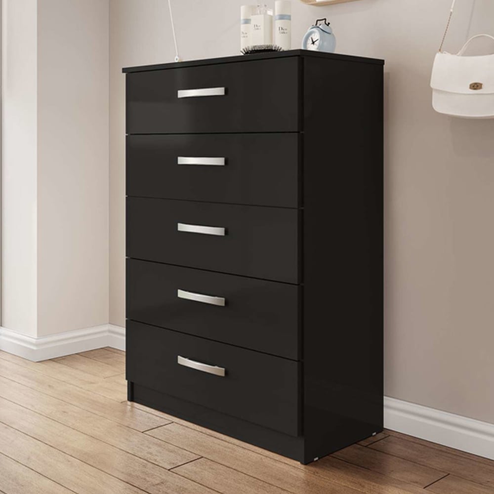 Lynn High Gloss Chest Of 5 Drawers In Black