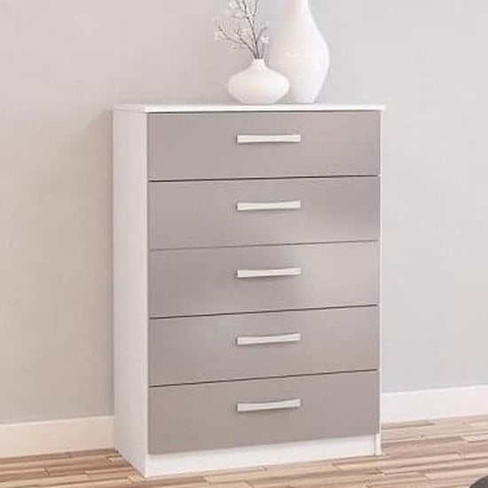 Product photograph of Lynn High Gloss Chest Of 5 Drawers In Grey And White from Furniture in Fashion