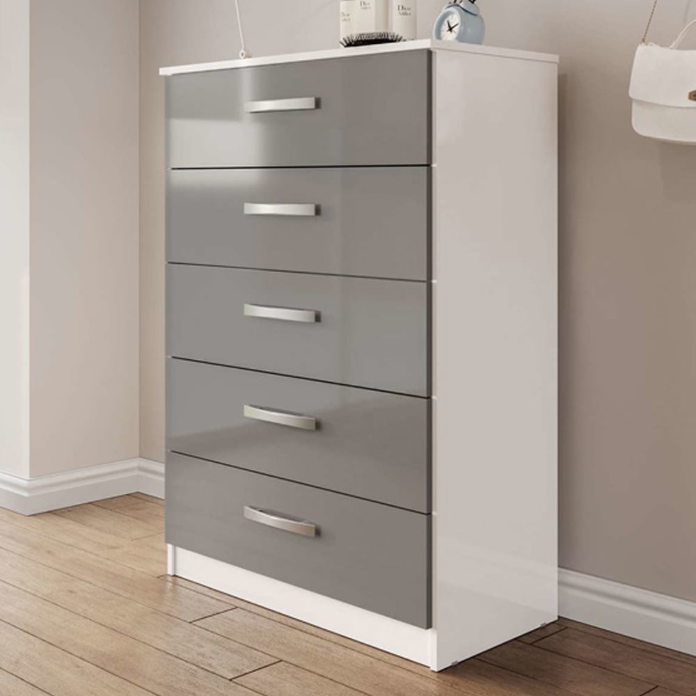 Lynn High Gloss Chest Of 5 Drawers In Grey And White