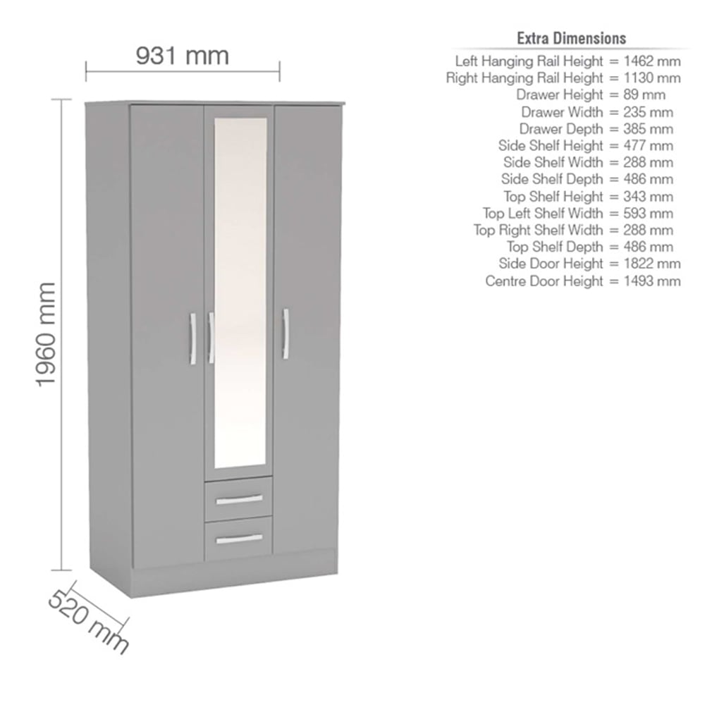 Lynn High Gloss Wardrobe With 3 Doors 2 Drawers In Grey