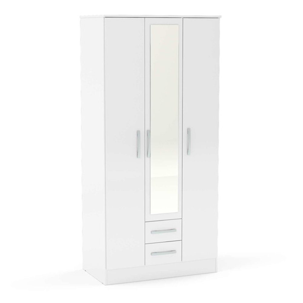 Lynn High Gloss Wardrobe With 3 Doors 2 Drawers In White