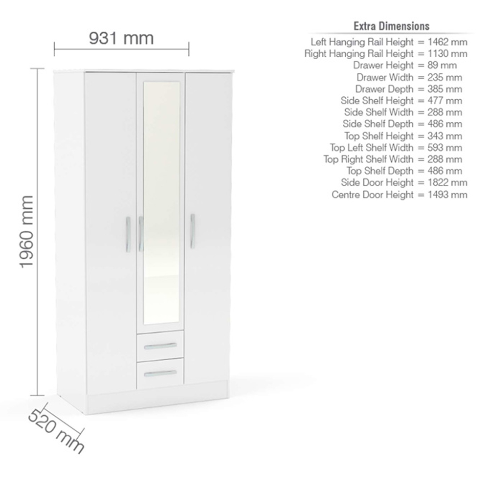 Lynn High Gloss Wardrobe With 3 Doors 2 Drawers In White
