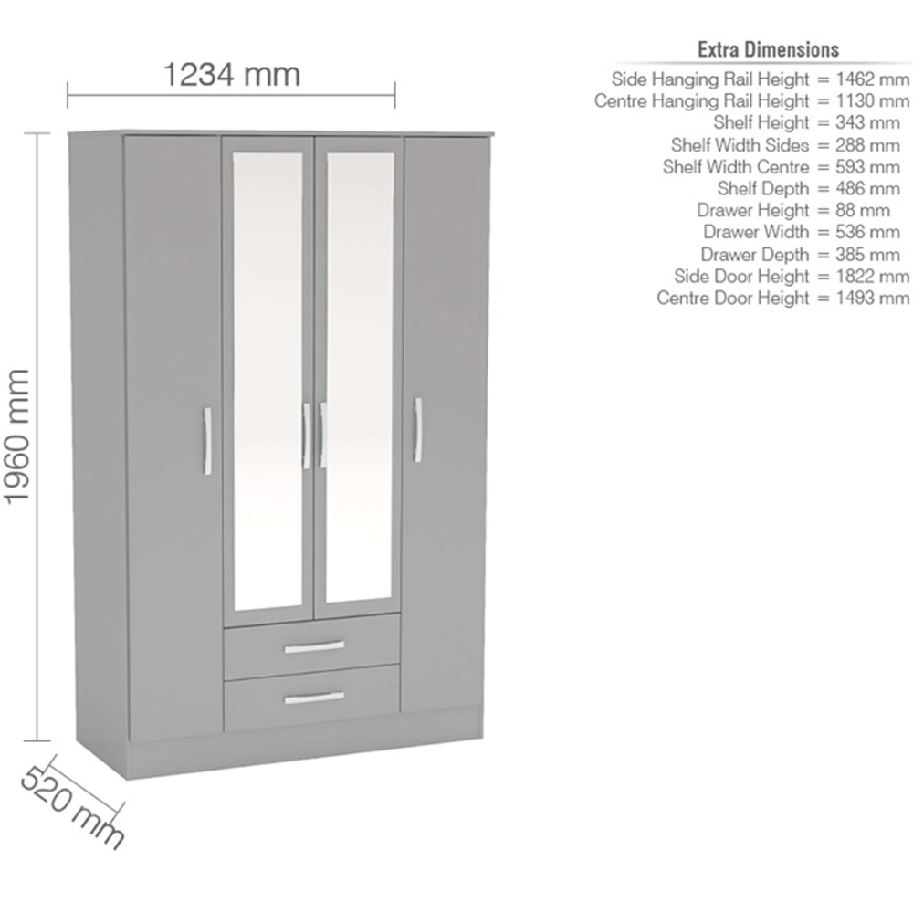 Lynn High Gloss Wardrobe With 4 Doors 2 Drawers In Grey