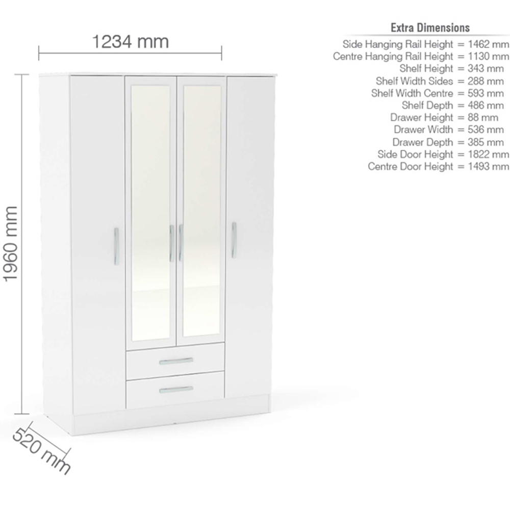 Lynn High Gloss Wardrobe With 4 Doors 2 Drawers In White