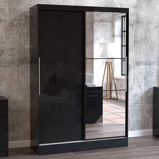 Product photograph of Lynn Mirrored Sliding Wardrobe In Black High Gloss from Furniture in Fashion