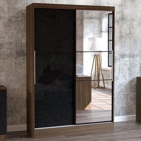 Product photograph of Lynn Mirrored Sliding Wardrobe In Walnut And Black High Gloss from Furniture in Fashion