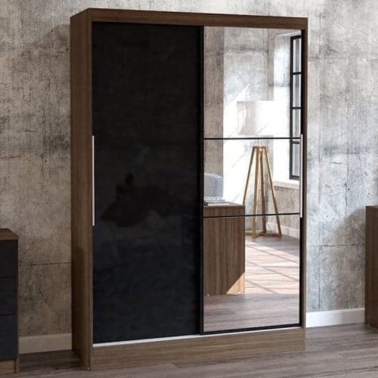 Lynn Mirrored Sliding Wardrobe In Walnut And Black High Gloss