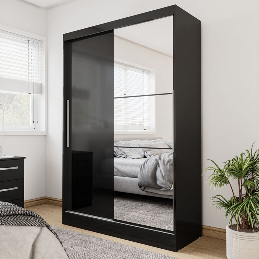 Lynn Mirrored Wardrobe With 2 Sliding Doors In Black High Gloss