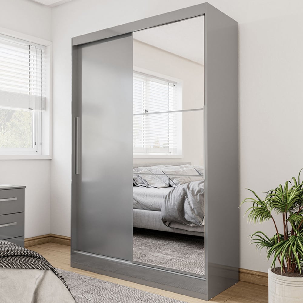 Lynn Mirrored Wardrobe With 2 Sliding Doors In Grey High Gloss