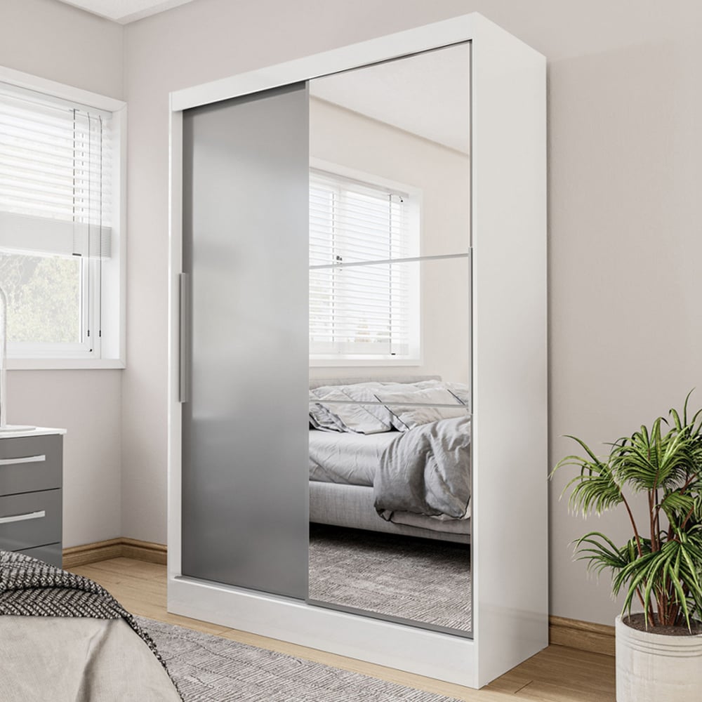 Lynn Mirrored Wardrobe With 2 Sliding Doors In Grey White Gloss
