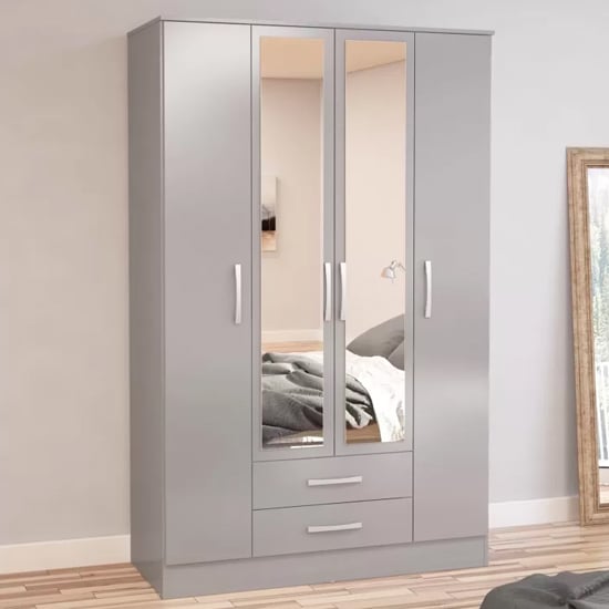 Product photograph of Lynn Mirrored Wardrobe With 4 Door In Grey High Gloss from Furniture in Fashion
