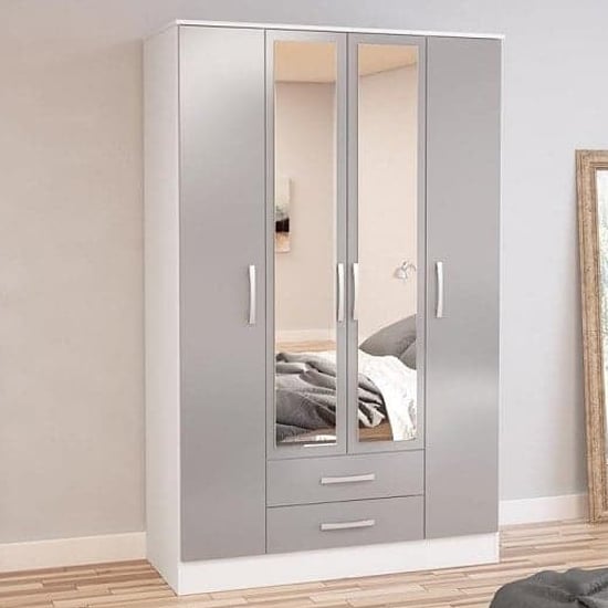 Lynn Mirrored Wardrobe With 4 Door In Grey And White High Gloss