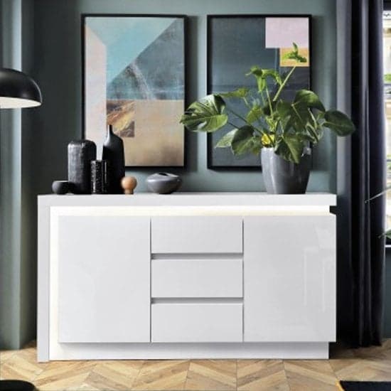 Lyco High Gloss Sideboard 2 Doors 3 Drawers In White With LED