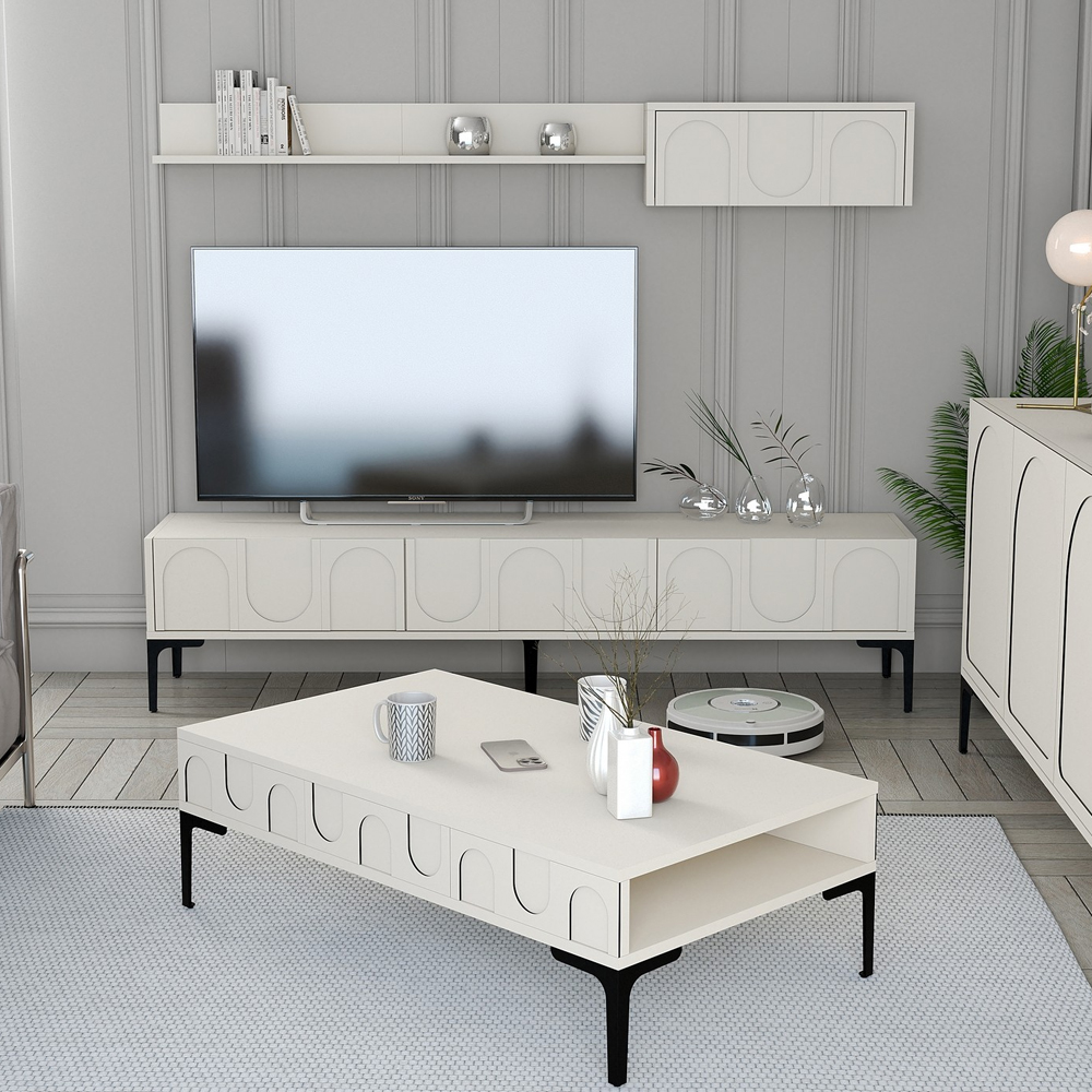 Lyon Wooden Entertainment Unit with Coffee Table Set in Cream and Black