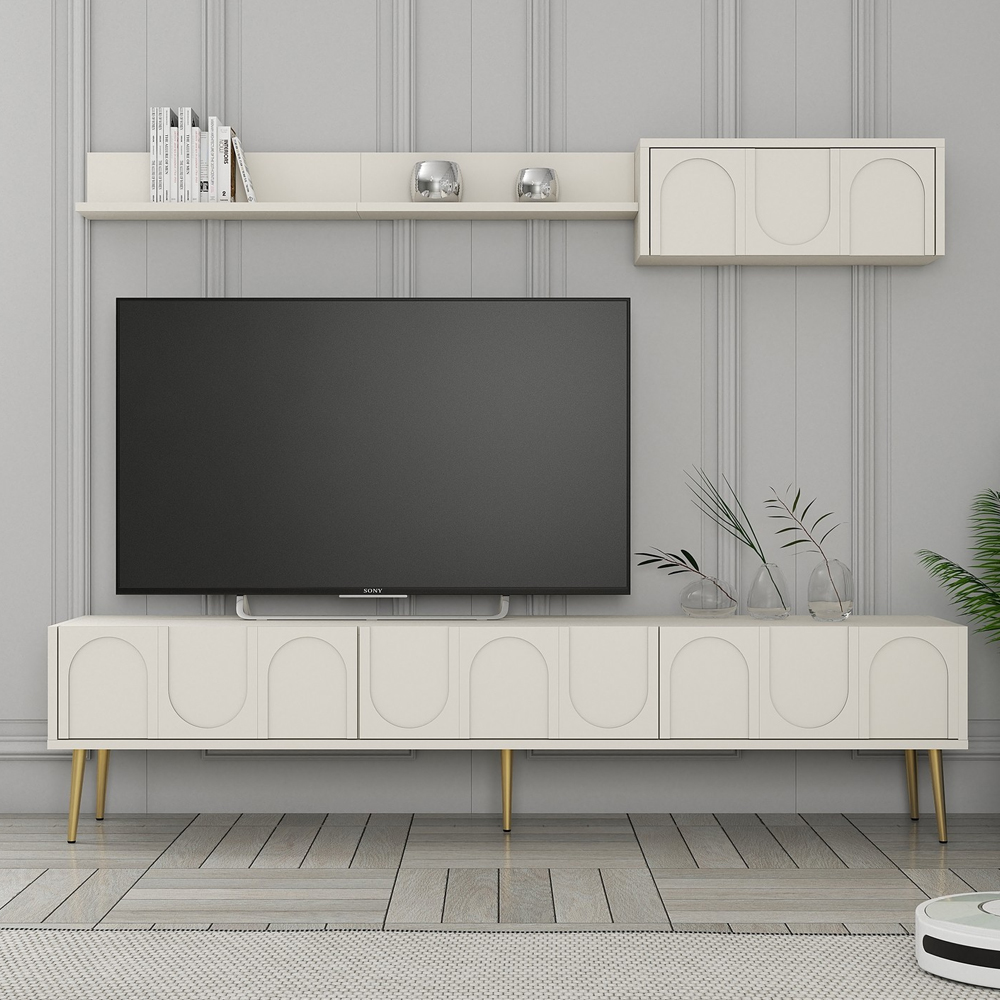Lyon Wooden Entertainment Unit with Coffee Table Set in Cream and Gold