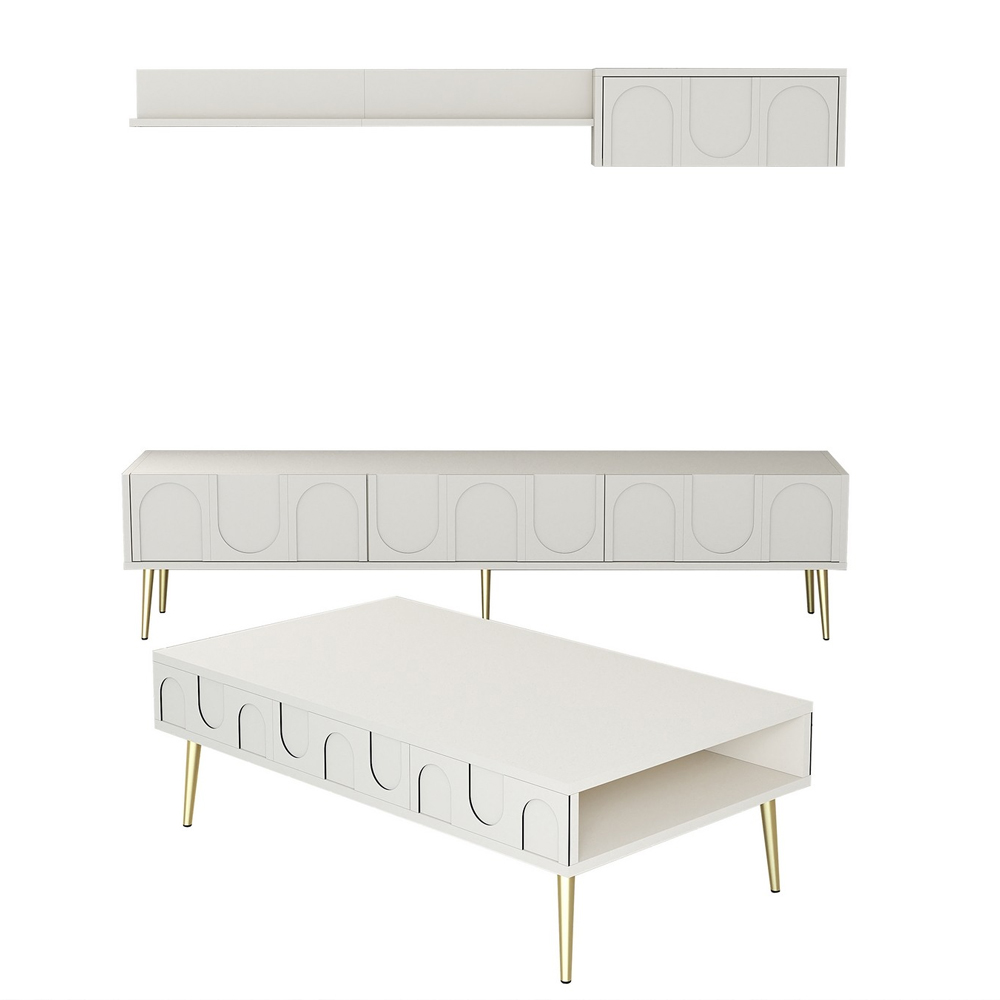 Lyon Wooden Entertainment Unit with Coffee Table Set in Cream and Gold