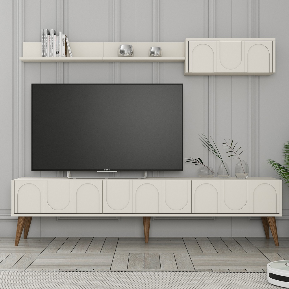 Lyon Wooden Entertainment Unit with Coffee Table Set in Cream and Walnut