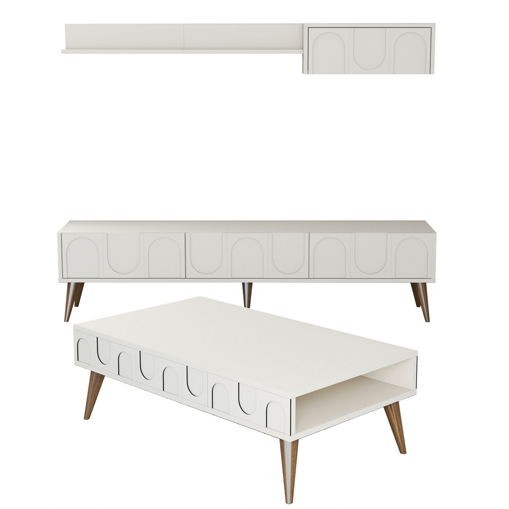 Lyon Wooden Entertainment Unit with Coffee Table Set in Cream and Walnut