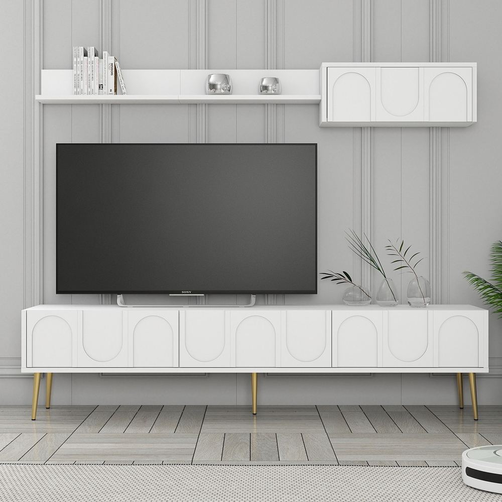 Lyon Wooden Entertainment Unit with Coffee Table Set in White and Gold