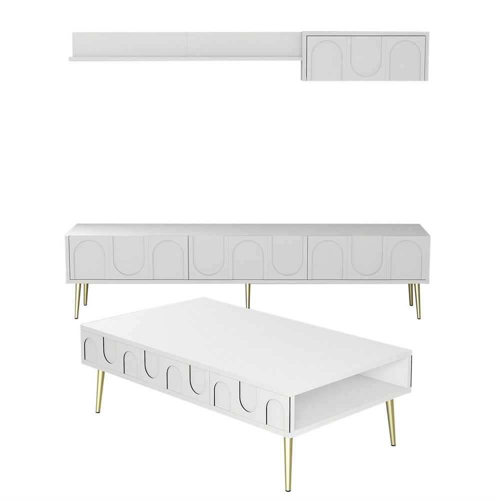 Lyon Wooden Entertainment Unit with Coffee Table Set in White and Gold
