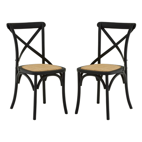 Read more about Lyox black wooden dining chairs with weave seat in pair