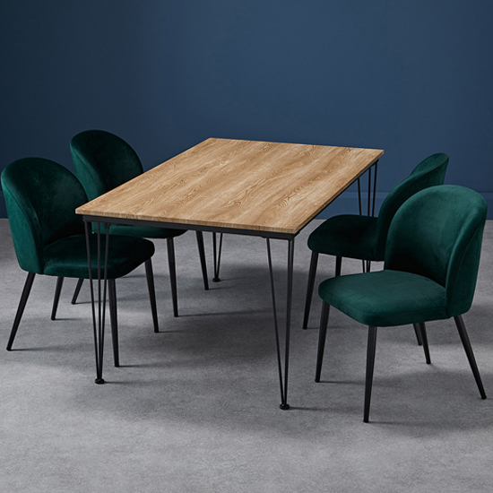 Read more about Lyza medium oak wooden dining table with 2 zaza green chairs