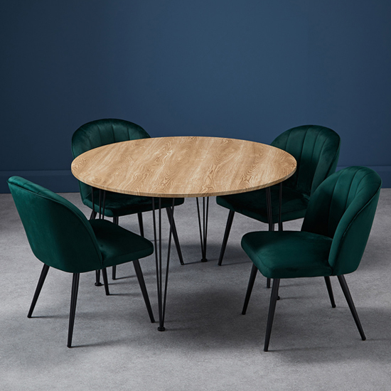 Product photograph of Lyza Round Oak Wooden Dining Table With 4 Opie Green Chairs from Furniture in Fashion
