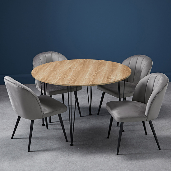Lyza Round Oak Wooden Dining Table With 4 Opie Grey Chairs Furniture