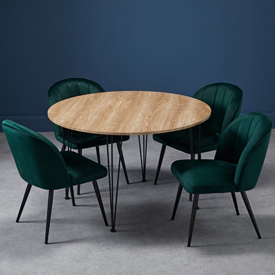 Read more about Lyza round oak wooden dining table with 4 orzo green chairs
