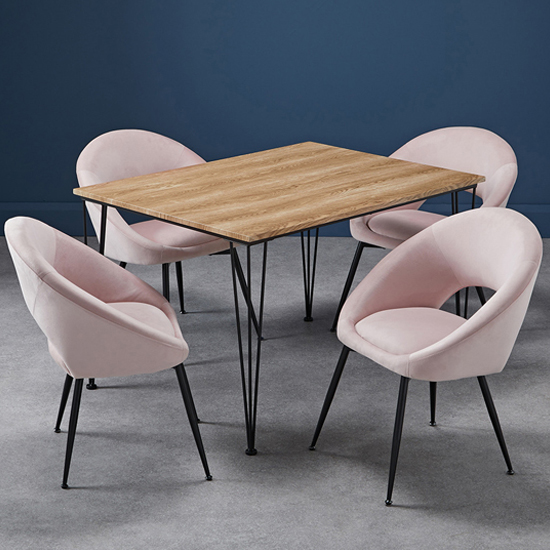 Read more about Lyza small oak wooden dining table with 4 lolo pink chairs
