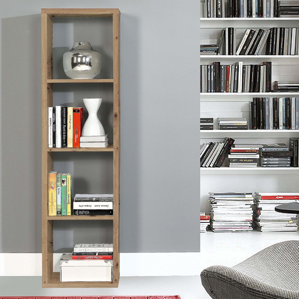 Mabon Tall Wooden Bookcase With 4 Open Storage In Artisan Oak