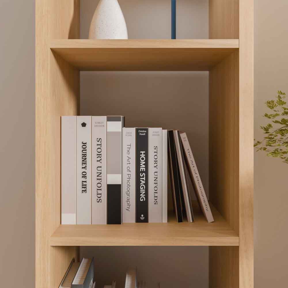 Mabon Tall Wooden Bookcase with 4 Open Storage in Elegancia Oak