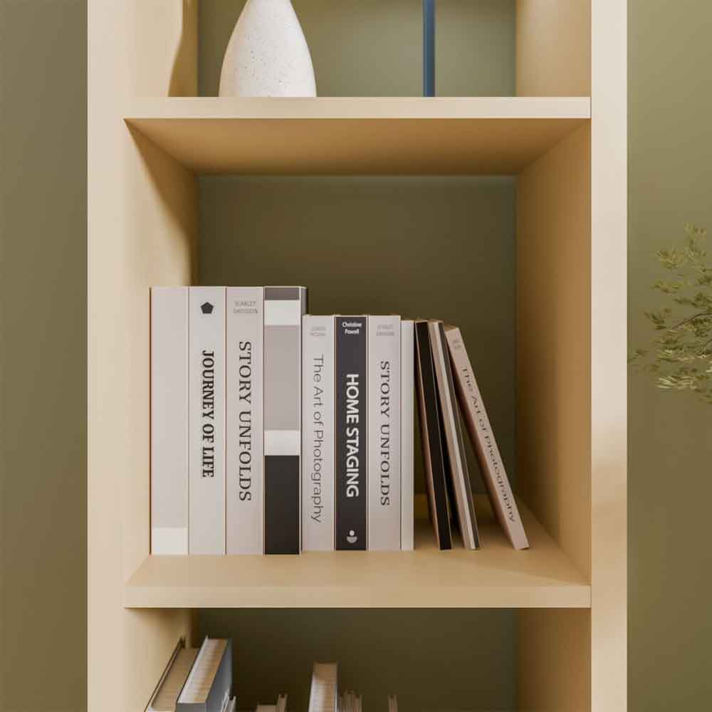 Mabon Tall Wooden Bookcase with 4 Open Storage in Yellow