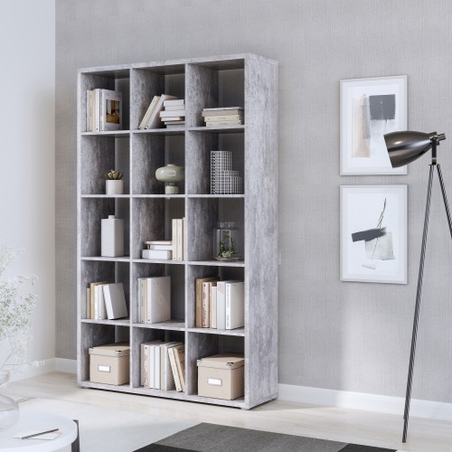 Mabon Wooden Bookcase With 15 Open Cubes In Concrete Effect