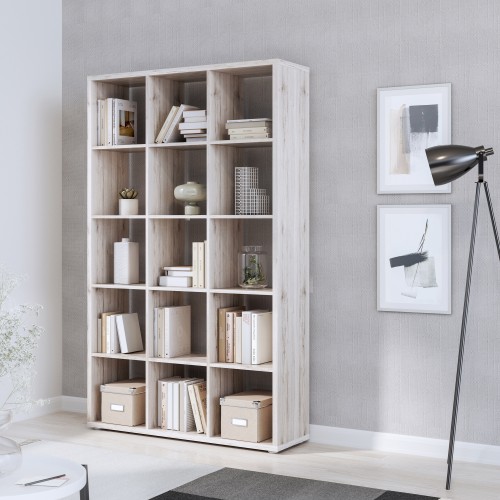 Mabon Wooden Bookcase With 15 Open Cubes In Sand Oak