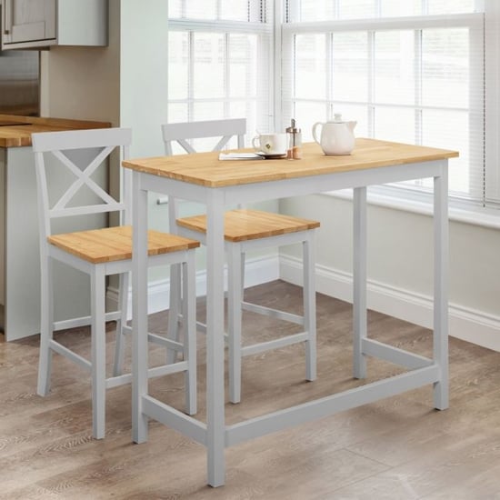 Macall Wooden Bar Table In Elephant Grey With 2 Bar Stools