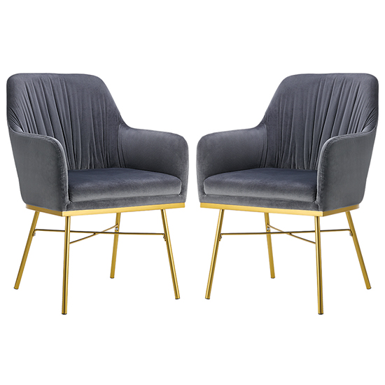 Product photograph of Mace Grey Velvet Dining Armchair With Gold Metal Legs In Pair from Furniture in Fashion