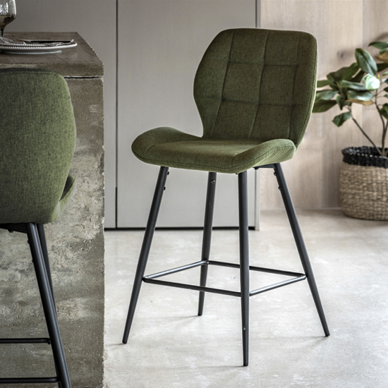 Macerata Bottle Green Fabric Bar Stools With Black Legs In Pair