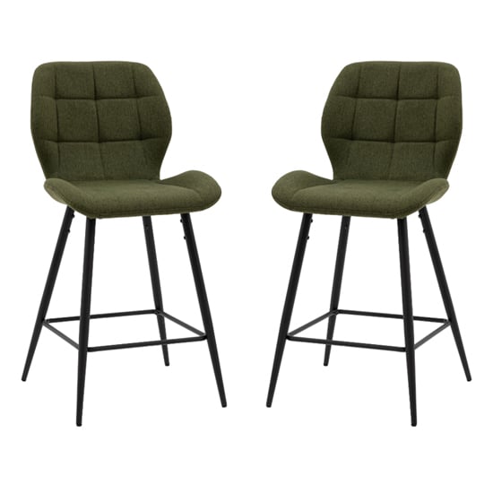 Read more about Macerata bottle green fabric bar stools with black legs in pair