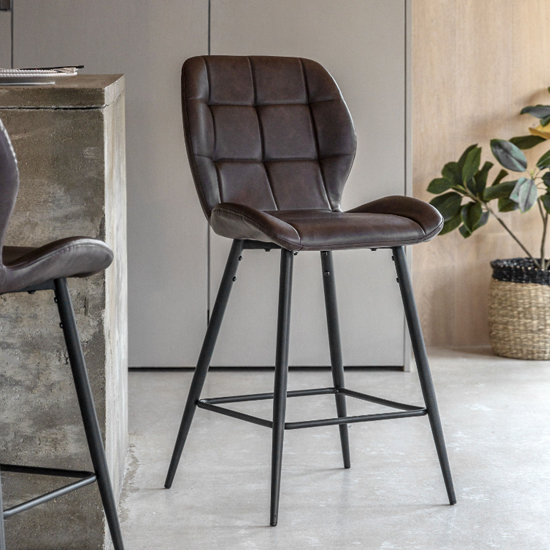 Macerata Brown Faux Leather Bar Stools With Black Legs In Pair