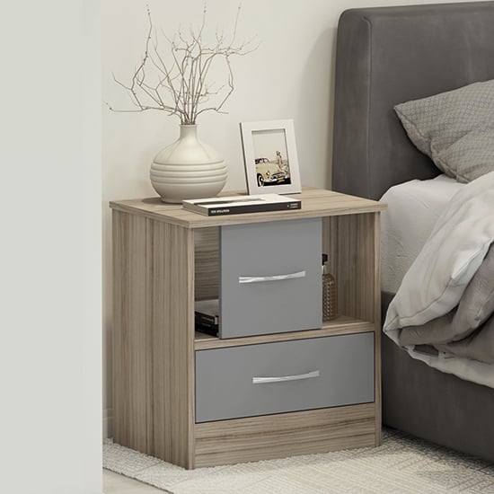 Product photograph of Mack Gloss Bedside Cabinet With Sliding Door In Grey Light Oak from Furniture in Fashion