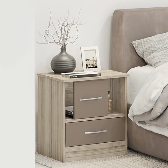 Mack Gloss Bedside Cabinet With Sliding Door In Oyster Light Oak