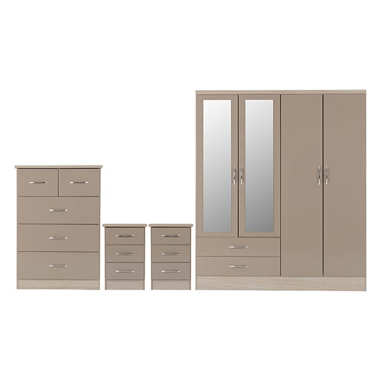 View Mack gloss bedroom set with 4 doors wardrobe in oyster light oak